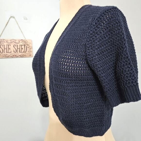 Vicki Wayne Navy Blue Cropped Cocoon Knit Open Shrug Cardigan Size Small - Picture 3 of 10